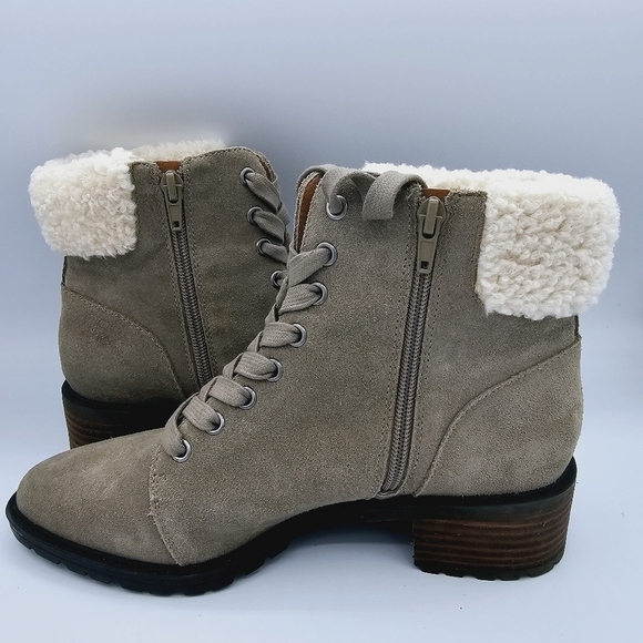Lucky Brand Jacenia Olive Green Faux Shearling Leather Suede Booties size 8 - Picture 6 of 12